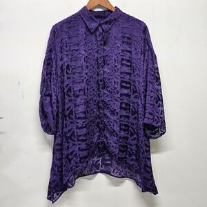 Chicos Buttons Shirt Sheer Velvet Burnout Size 3 Rayon Silk Asymmetrical Hem